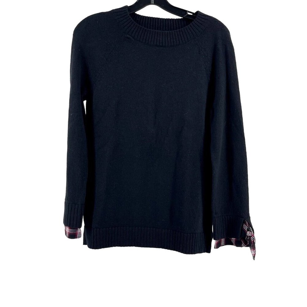 NWT Ann Taylor Loft Women's Black Knit Long Sleeve Plaid Cuffs Sweater Size S